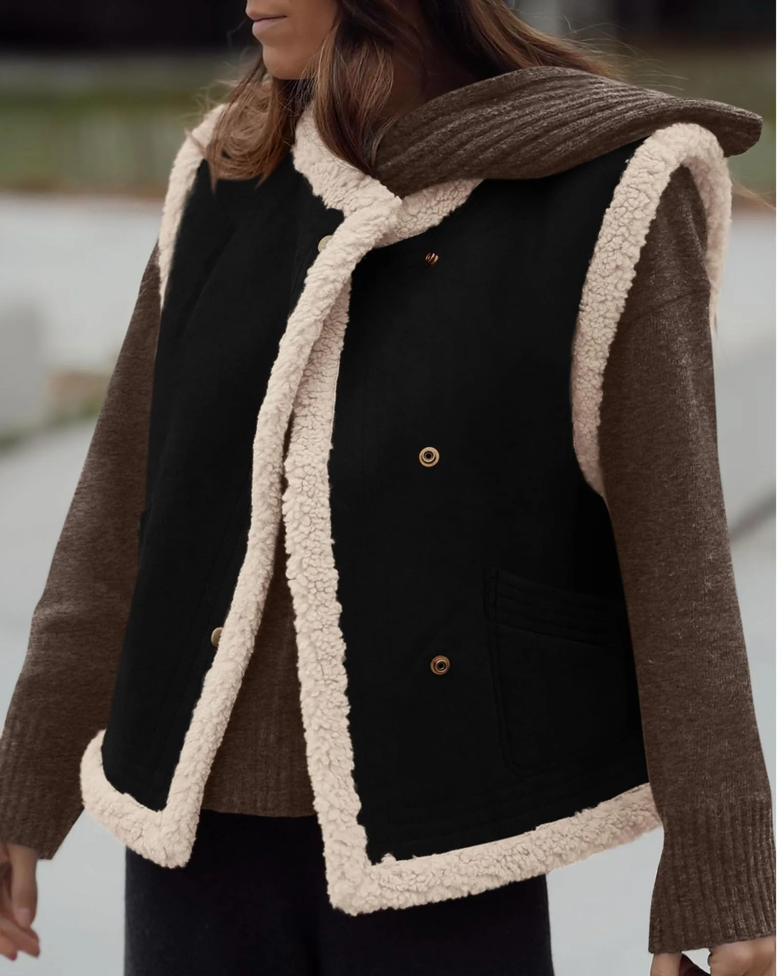 Faux Suede Sleeveless Button Down Fleece Sherpa Lined Casual Coat