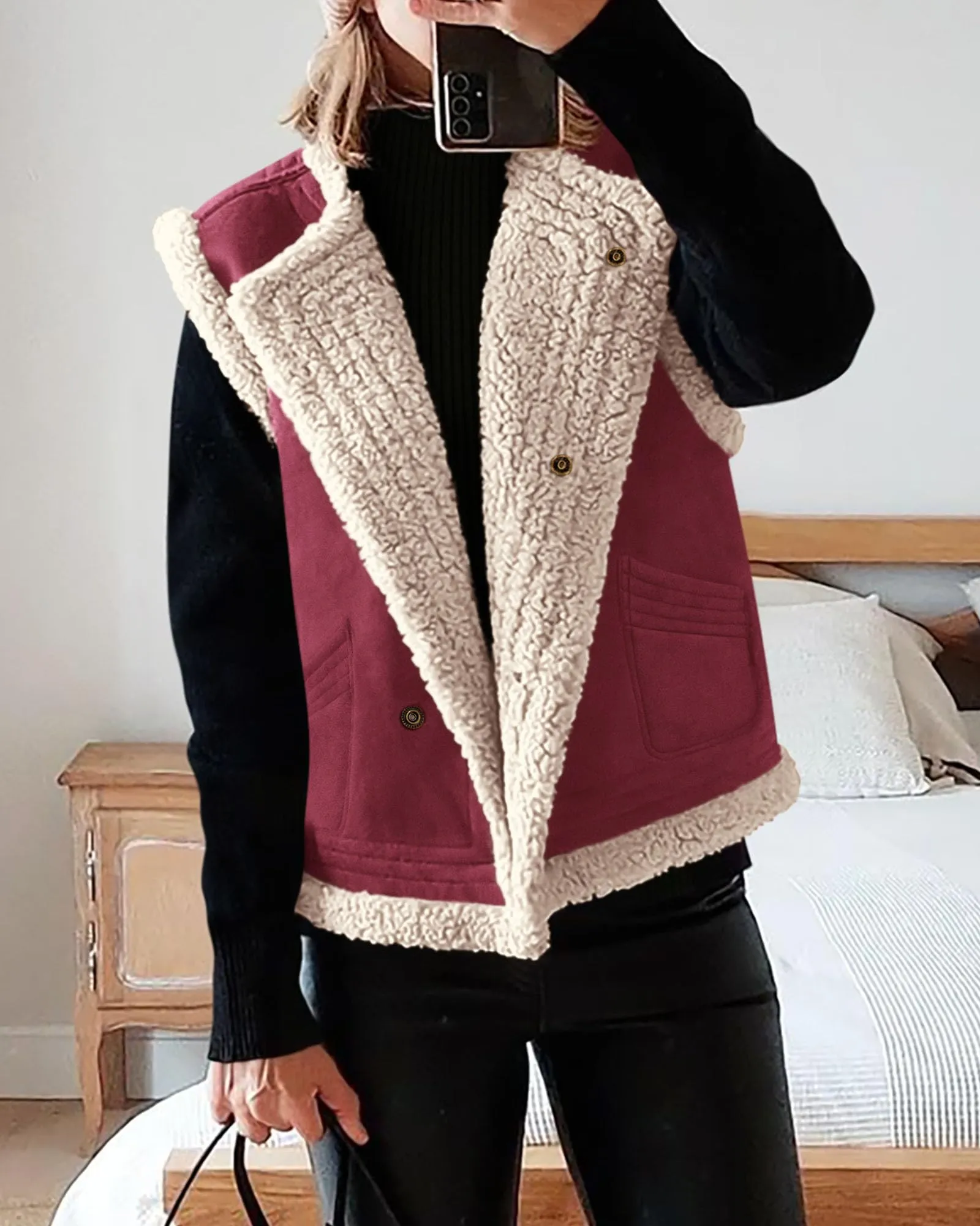 Faux Suede Sleeveless Button Down Fleece Sherpa Lined Casual Coat