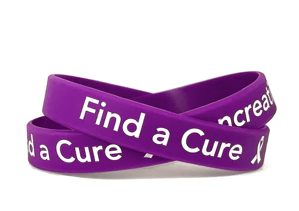 Find a Cure - Pancreatic Cancer  purple wristband white letters - Adult 8"