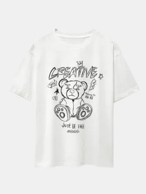 Graffiti Bear Print Drop Shoulder Oversize T-Shirt