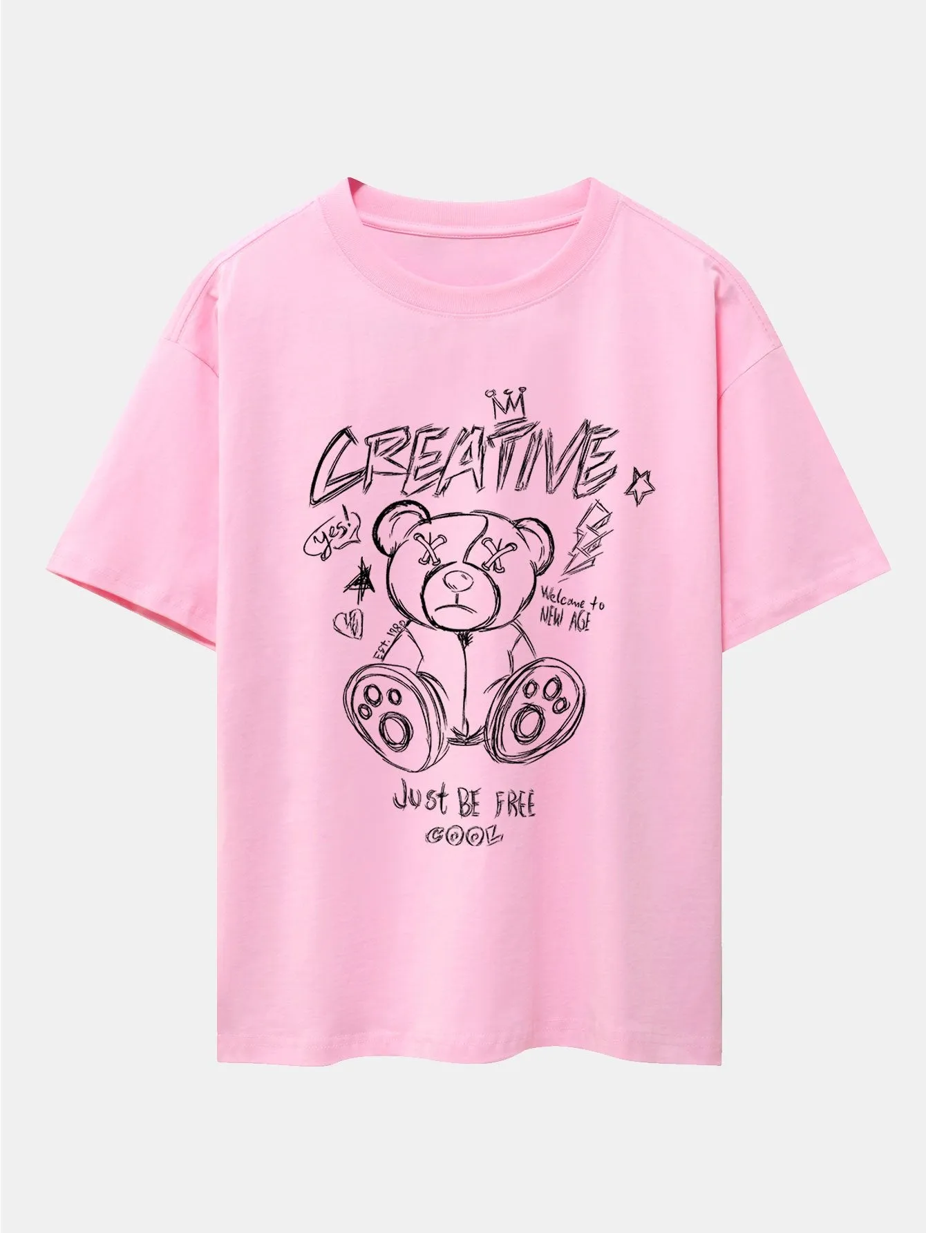 Graffiti Bear Print Drop Shoulder Oversize T-Shirt