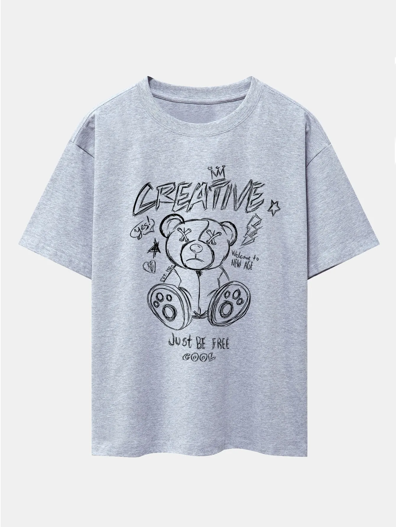 Graffiti Bear Print Drop Shoulder Oversize T-Shirt