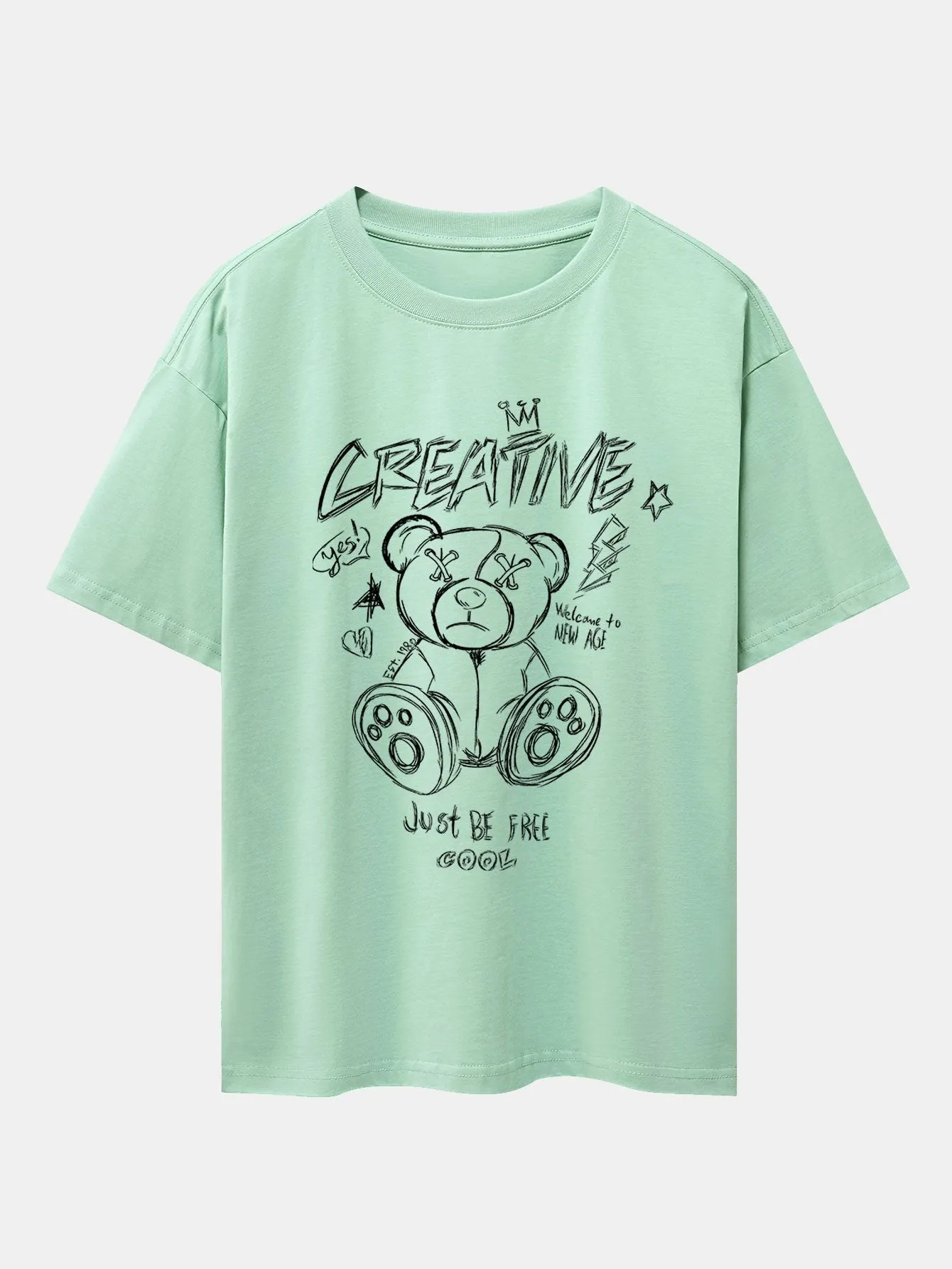 Graffiti Bear Print Drop Shoulder Oversize T-Shirt