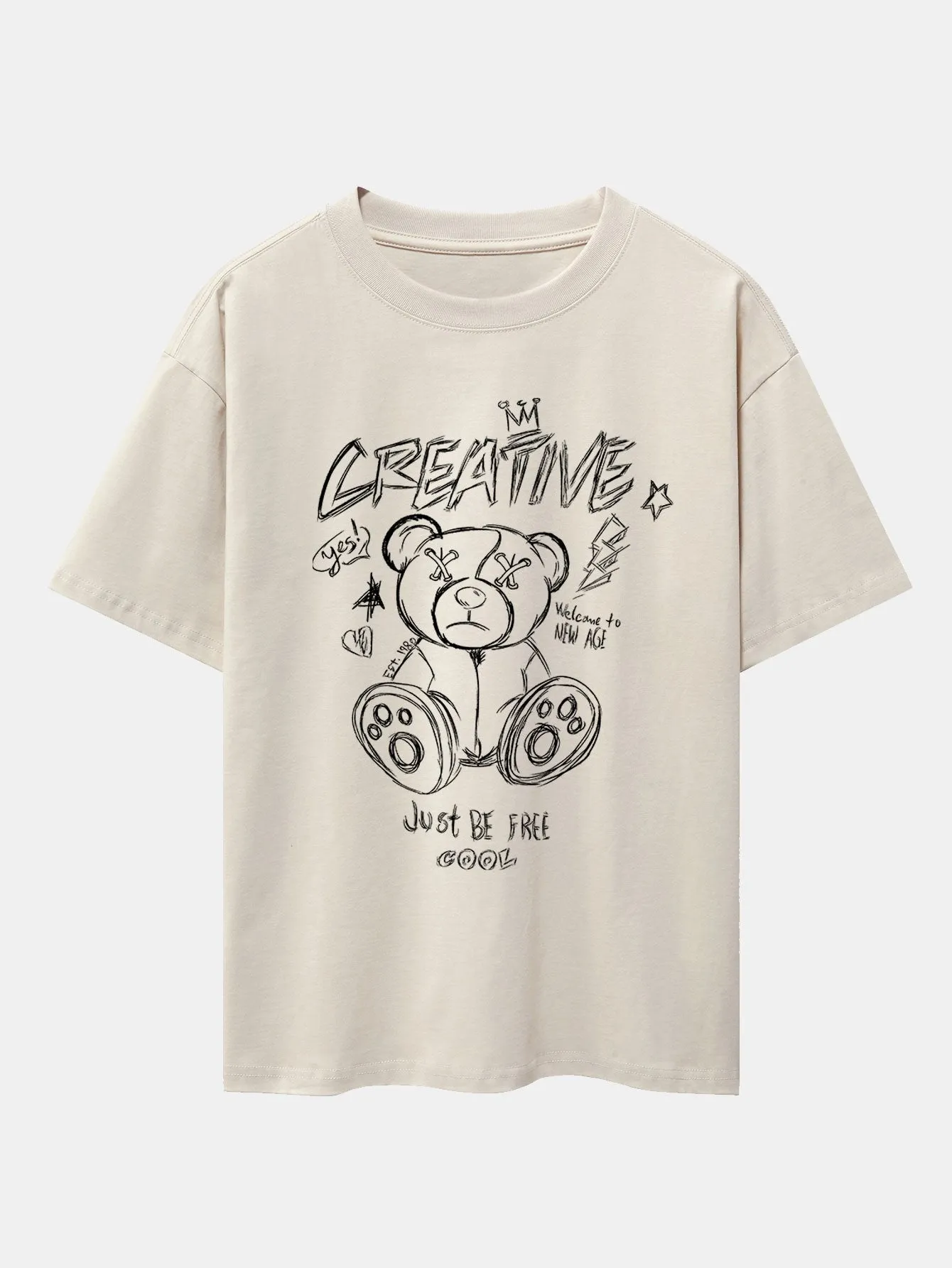 Graffiti Bear Print Drop Shoulder Oversize T-Shirt