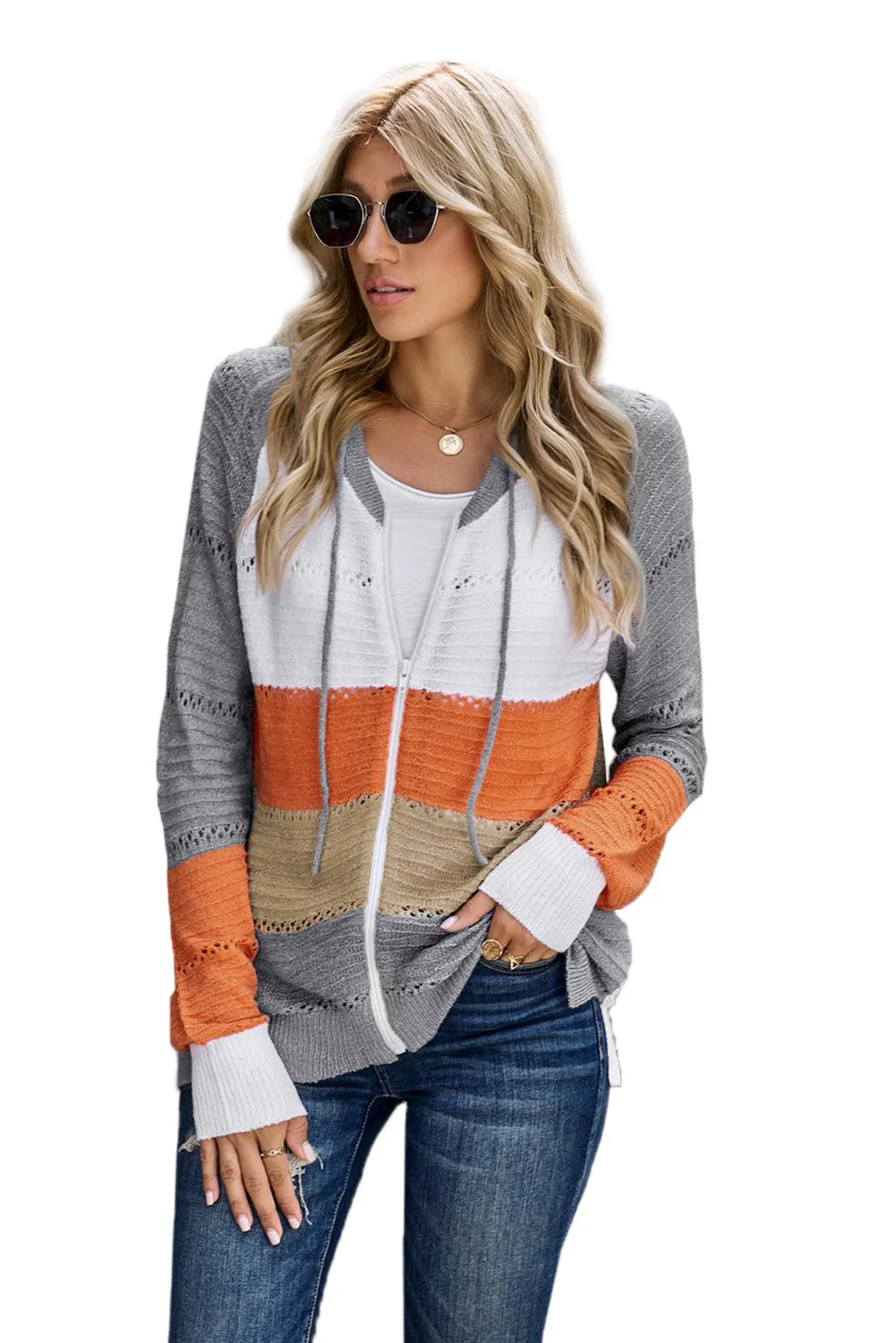 Gray Zipped Front Colorblock Hollow-out Knit Hoodie