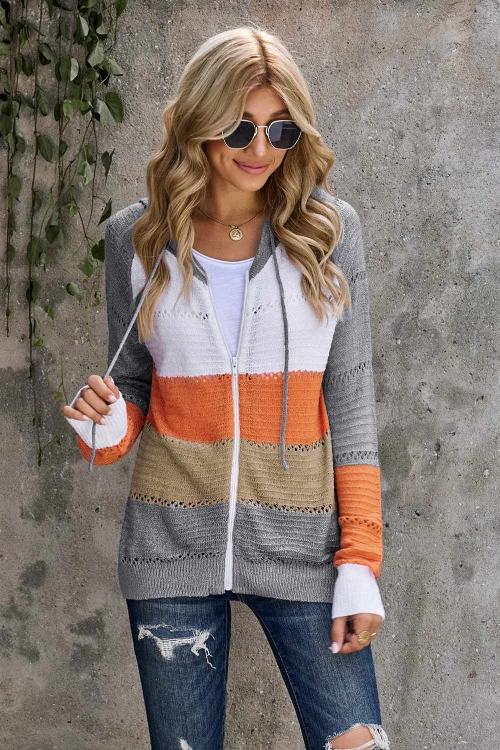 Gray Zipped Front Colorblock Hollow-out Knit Hoodie