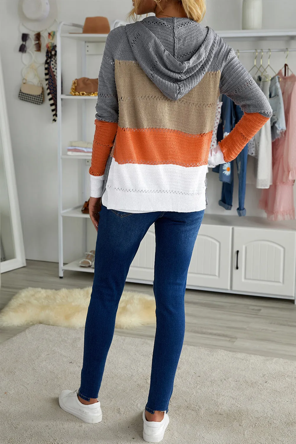 Gray Zipped Front Colorblock Hollow-out Knit Hoodie