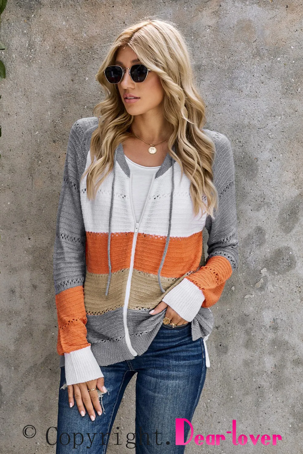 Gray Zipped Front Colorblock Hollow-out Knit Hoodie