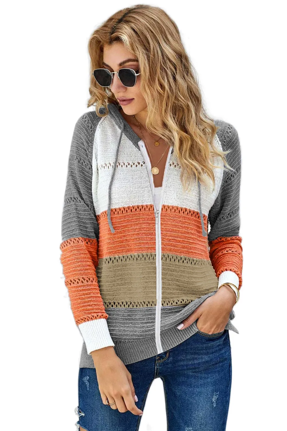 Gray Zipped Front Colorblock Hollow-out Knit Hoodie