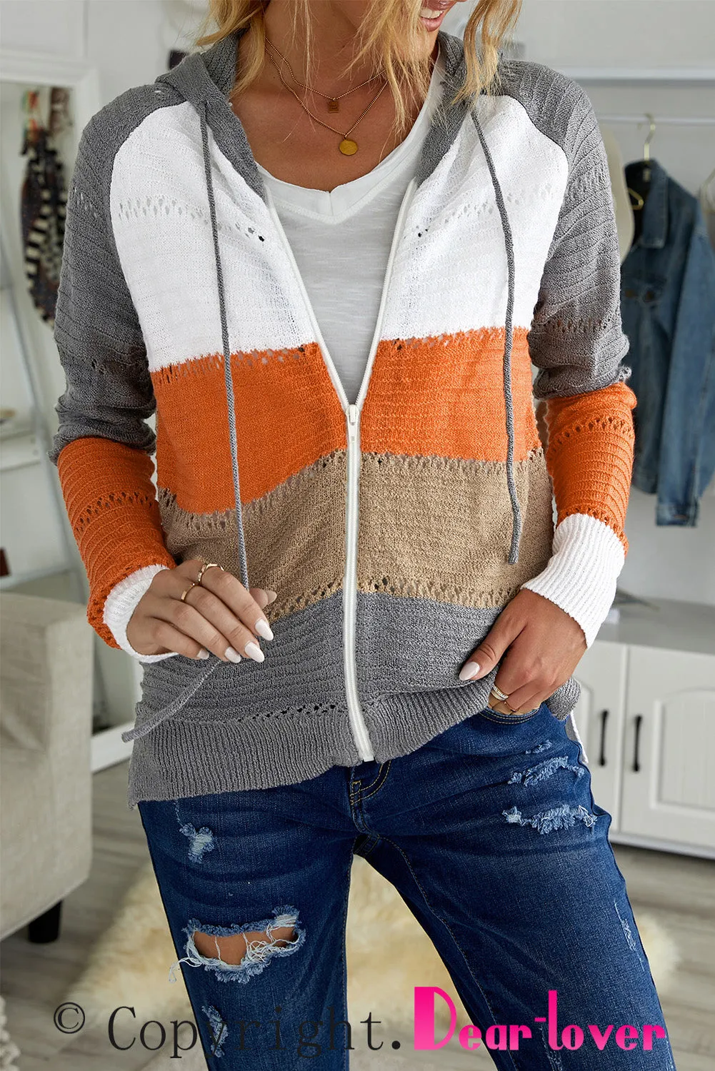 Gray Zipped Front Colorblock Hollow-out Knit Hoodie