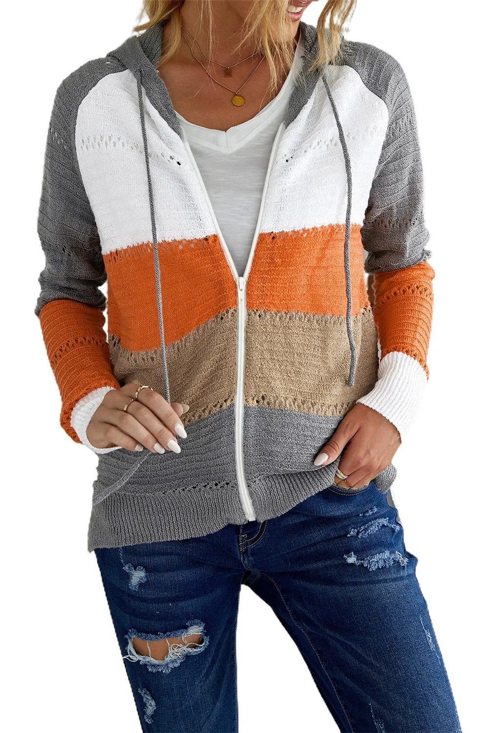 Gray Zipped Front Colorblock Hollow-out Knit Hoodie
