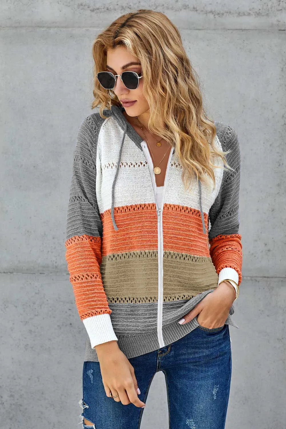 Gray Zipped Front Colorblock Hollow-out Knit Hoodie