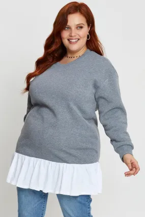 Grey Plus Woven Layered Longline Sweatshirts