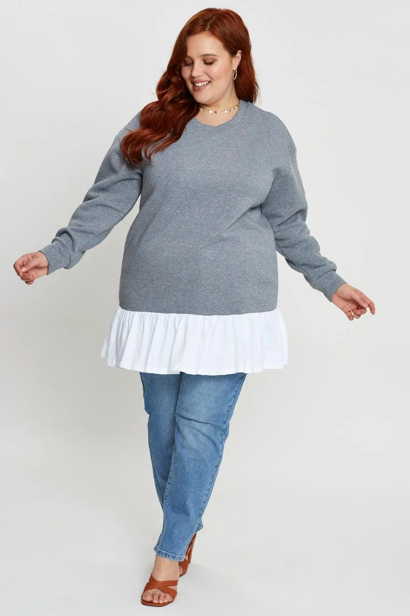 Grey Plus Woven Layered Longline Sweatshirts