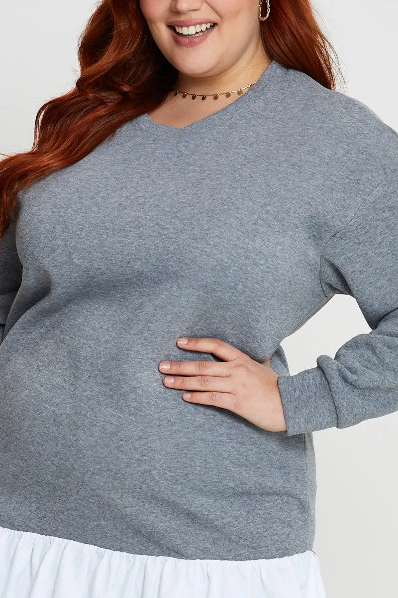 Grey Plus Woven Layered Longline Sweatshirts