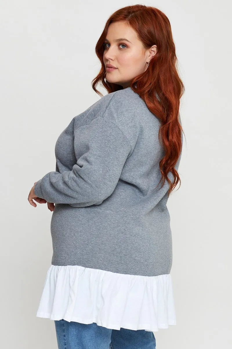 Grey Plus Woven Layered Longline Sweatshirts