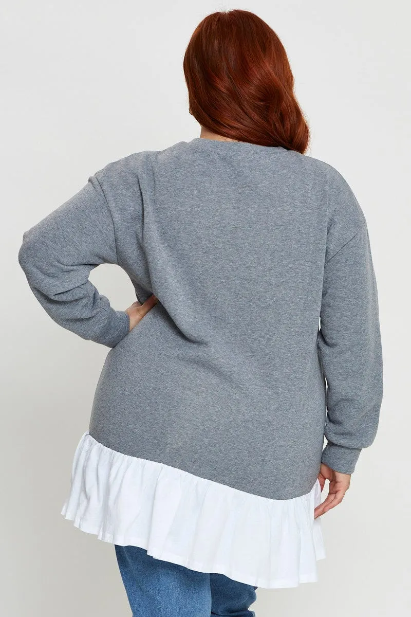 Grey Plus Woven Layered Longline Sweatshirts