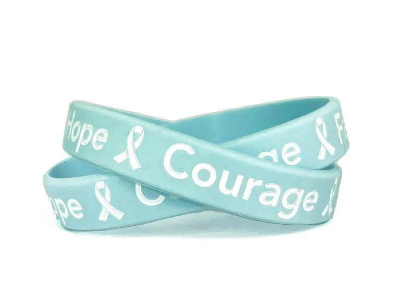 Hope Courage Faith Light Blue Rubber Bracelet Wristband White Letters- Adult 8"