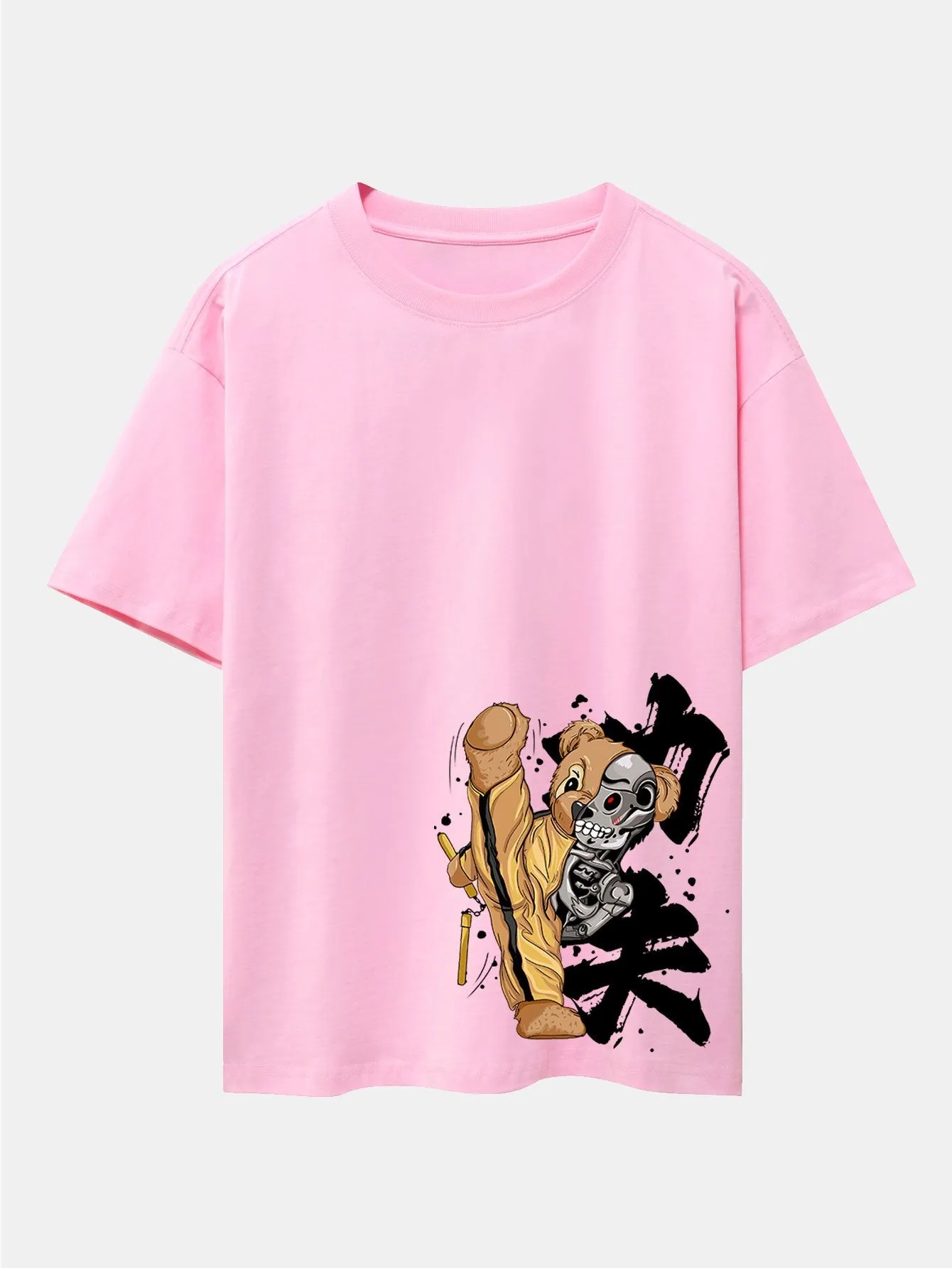 Kung Fu Bear Print Drop Shoulder Oversize T-Shirt