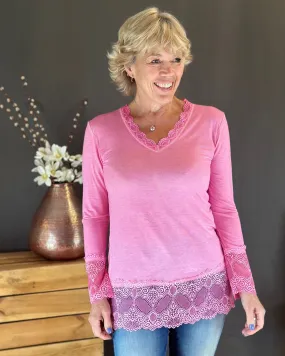 Lace Detail Long Sleeved Top - Bubblegum Pink