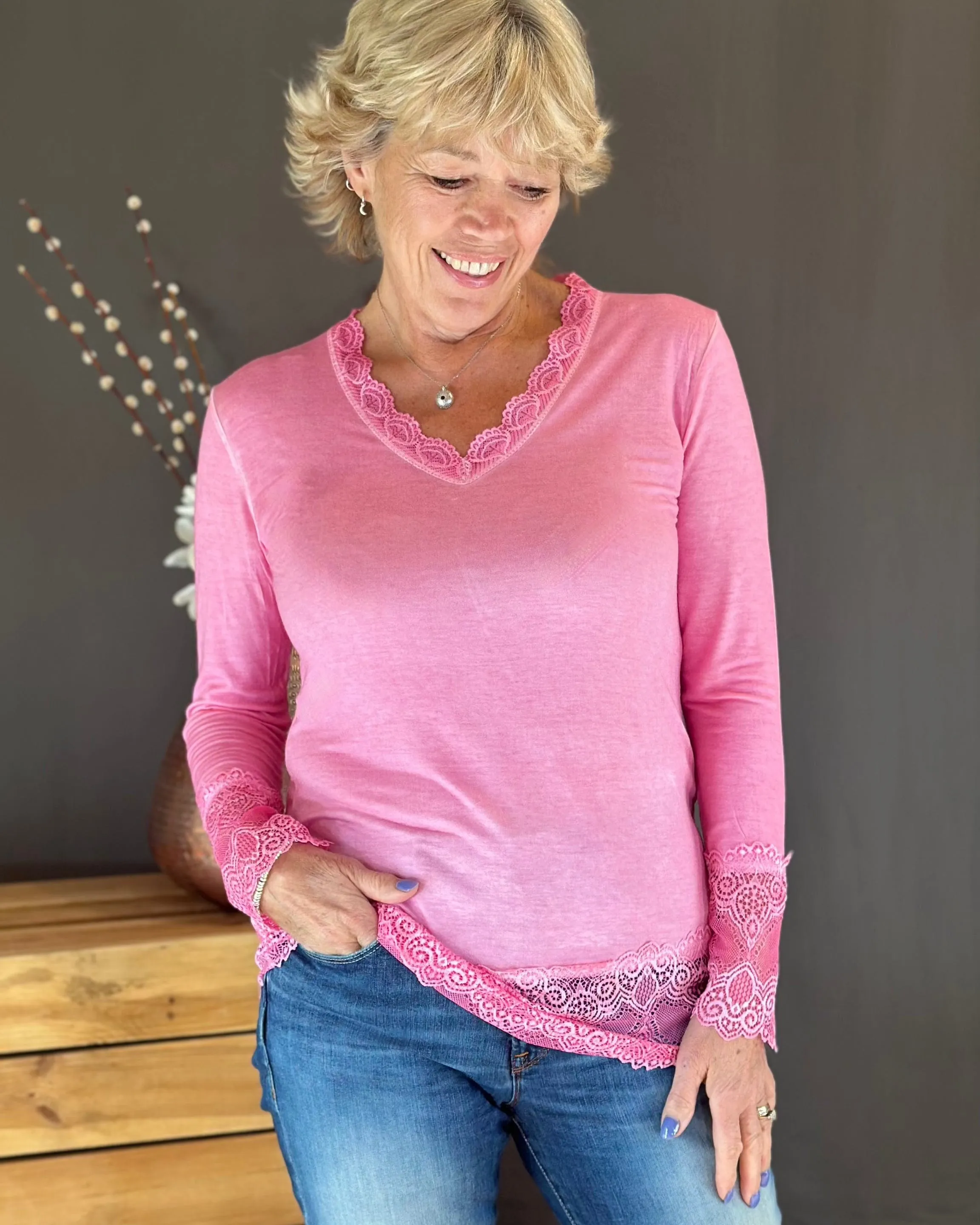 Lace Detail Long Sleeved Top - Bubblegum Pink