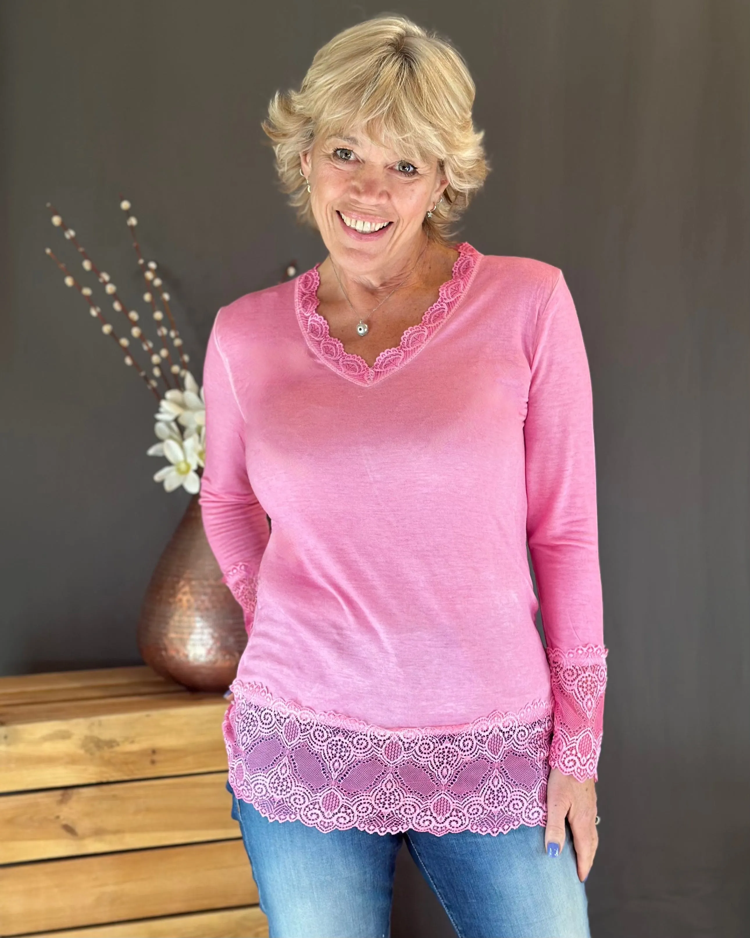 Lace Detail Long Sleeved Top - Bubblegum Pink