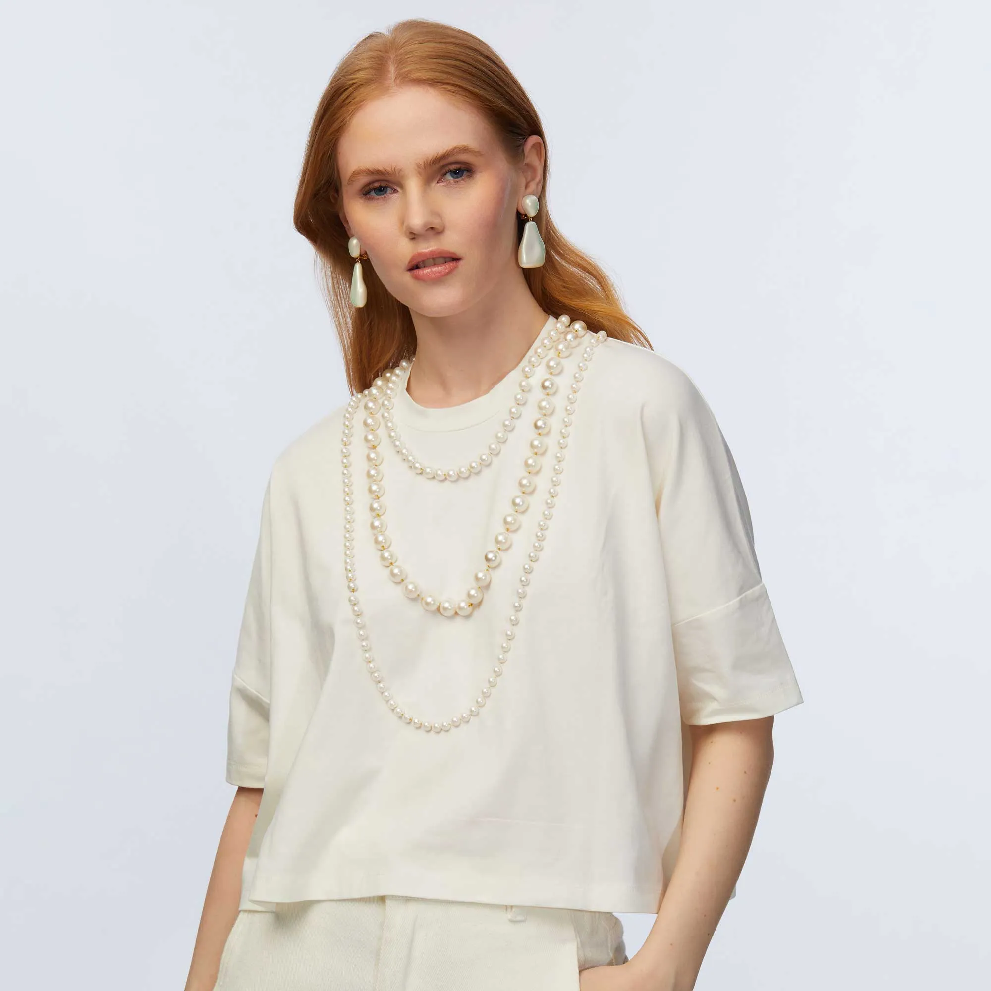 Lele Sadoughi Ivory Short- Sleeve Pearl Strand Tee