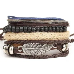 Mens Brown Multi-Layer Wristbands Metal Leaf Beaded