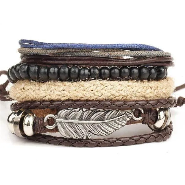 Mens Brown Multi-Layer Wristbands Metal Leaf Beaded