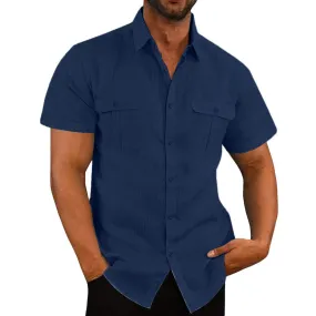 Men's Trendy Vacation Plain Color Cotton Linen Double Pocket Casual Shirts Short Sleeves Mens Graphic Tees T Shirts for Men Big And Tall Mens T Shirts Casual Navy,2XL