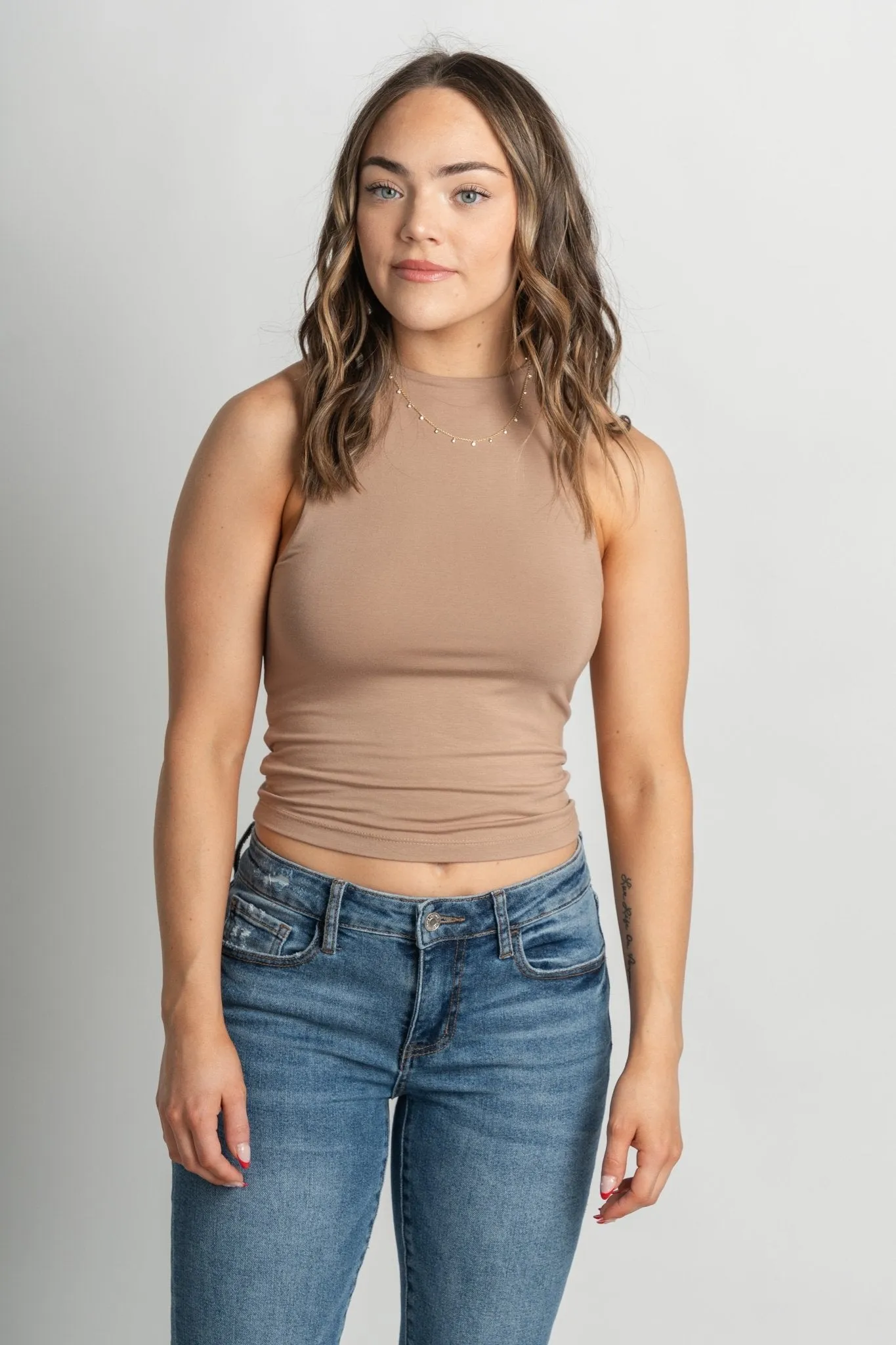 Modal high neck tank top taupe