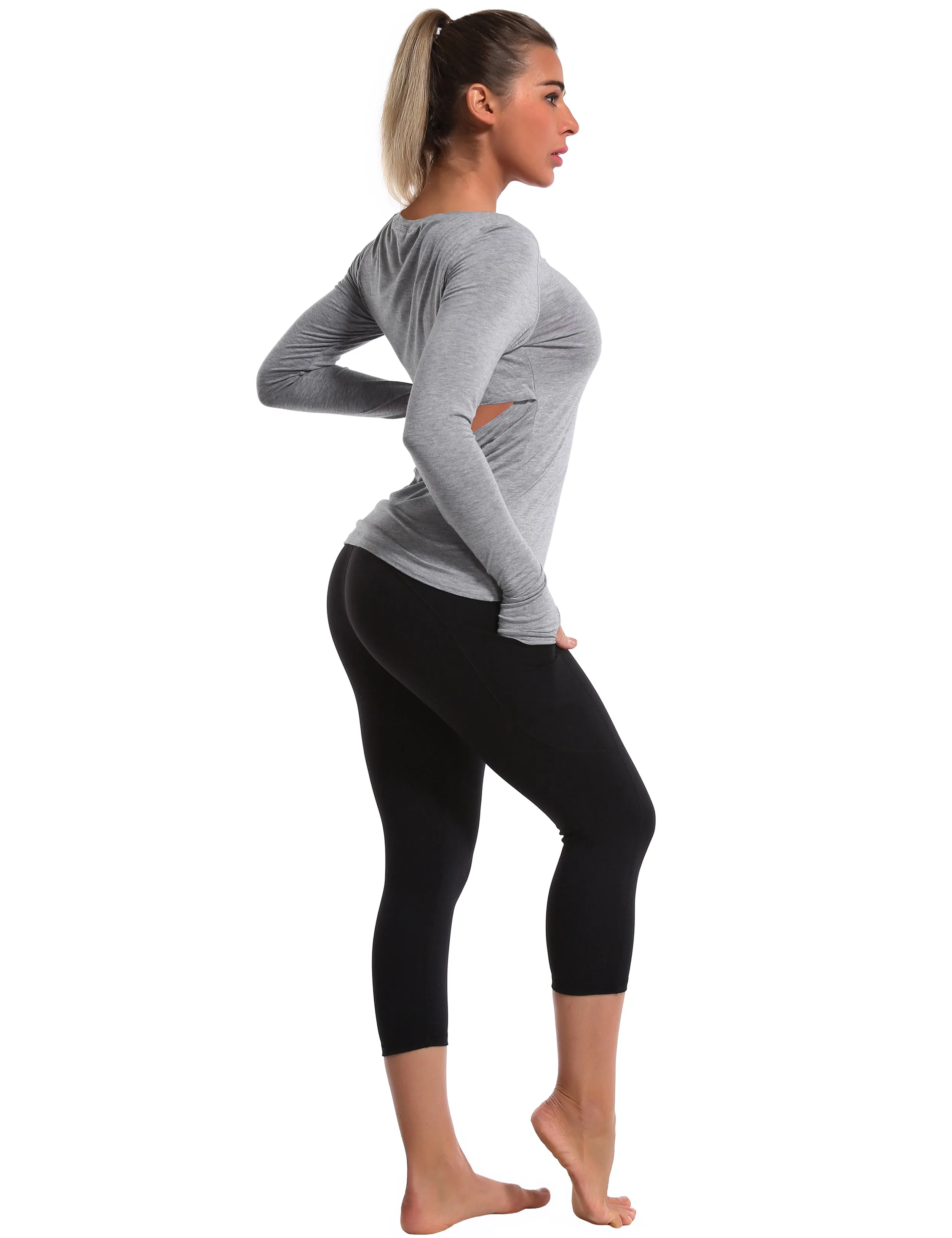 Open Back Long Sleeve Tops heathergray_Tall Size
