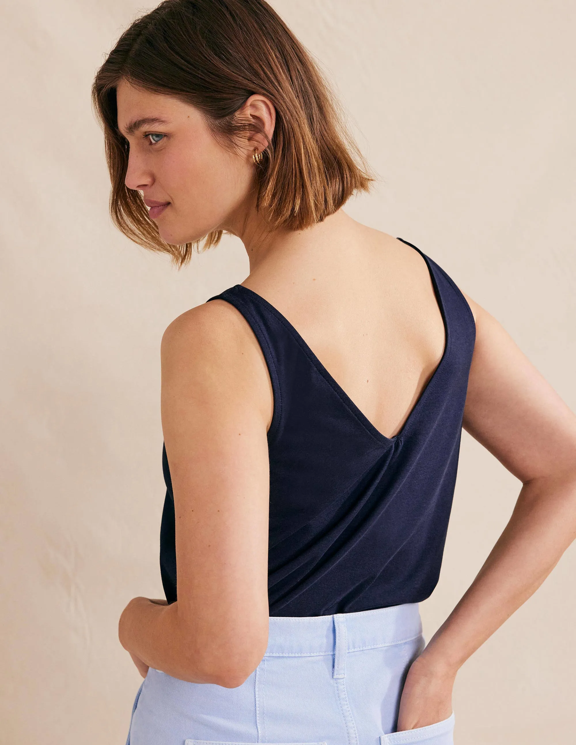 Open Back Tank Top-Navy