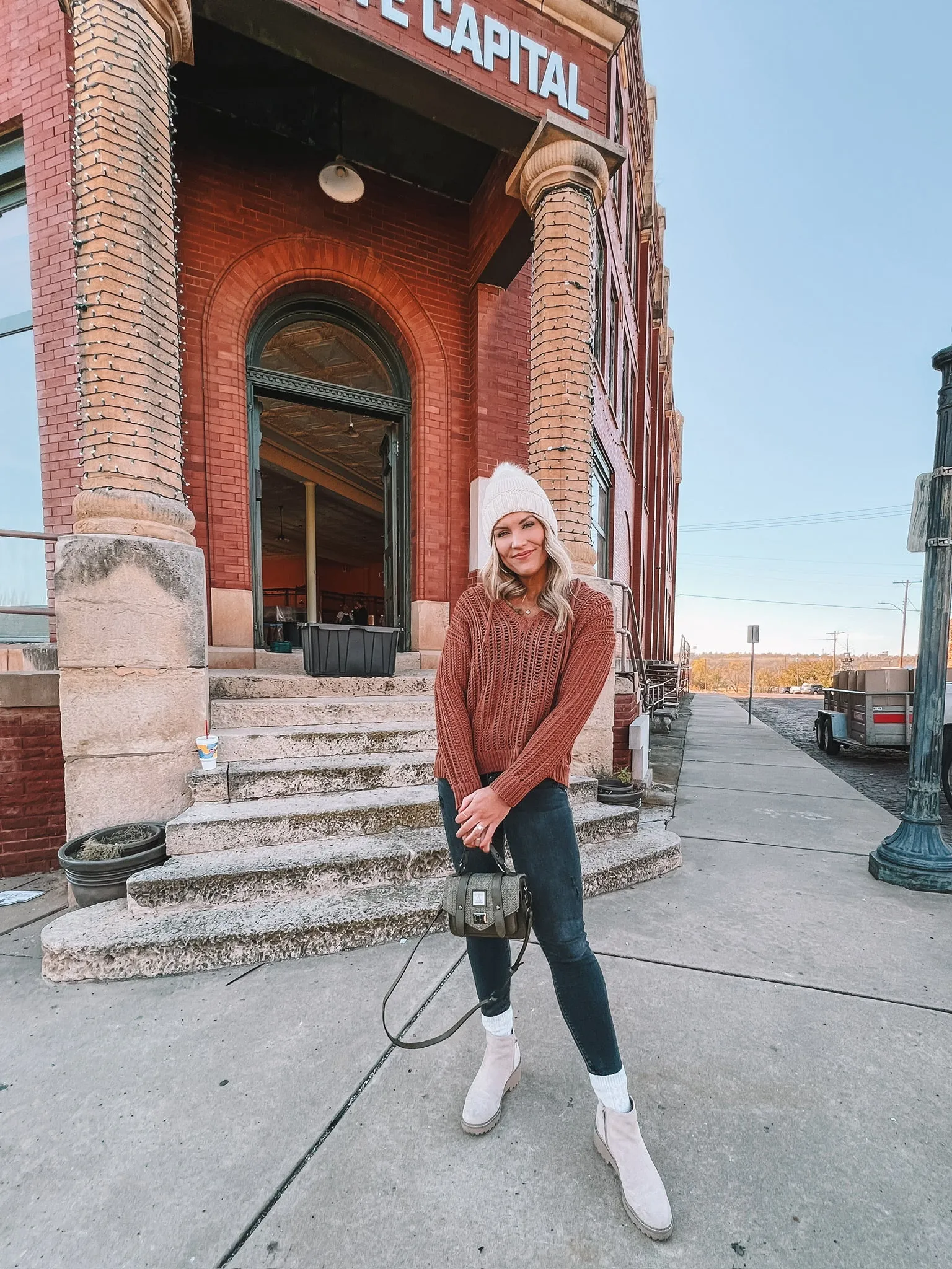 open-knit crochet hooded sweater - brick