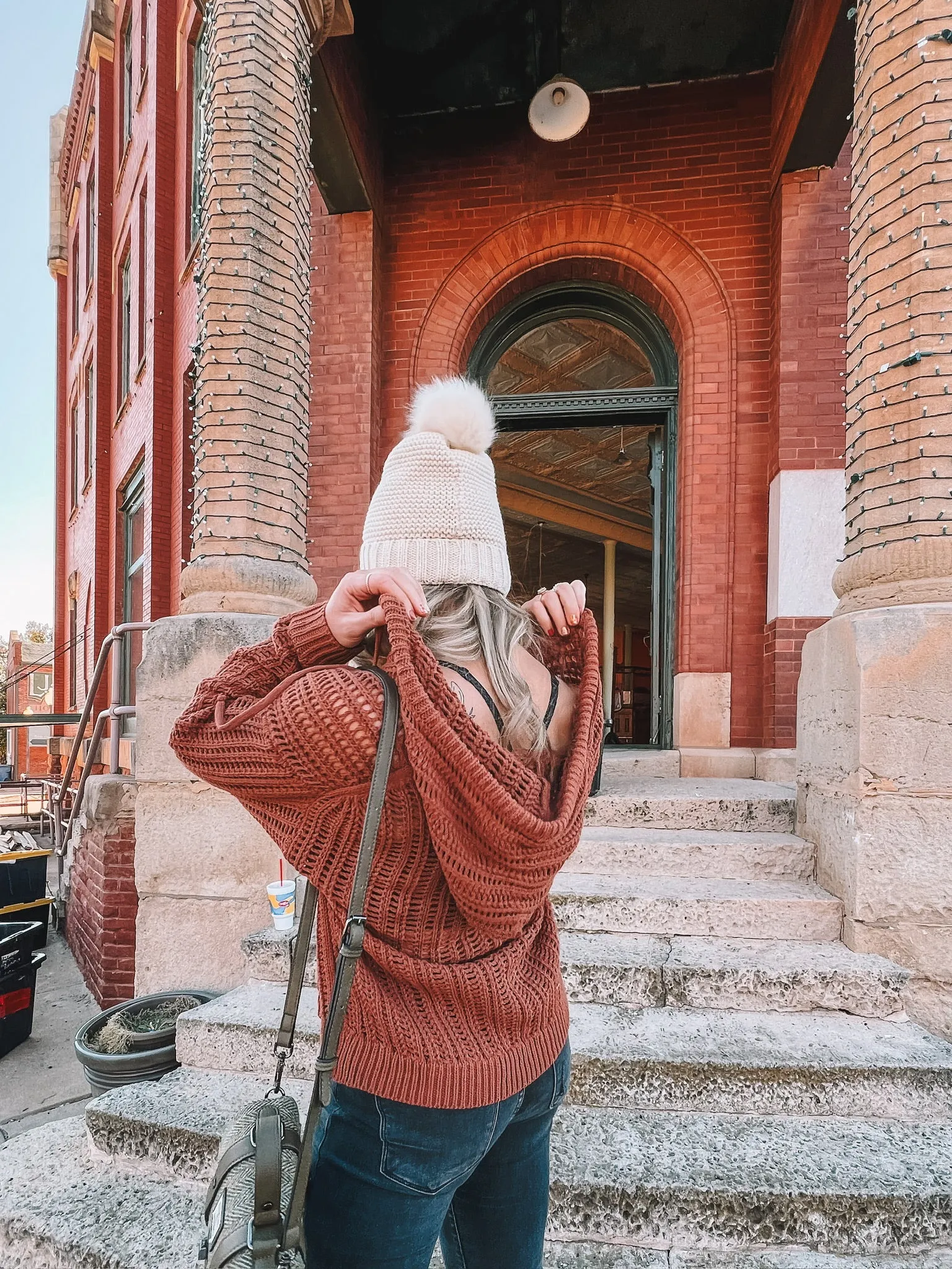 open-knit crochet hooded sweater - brick
