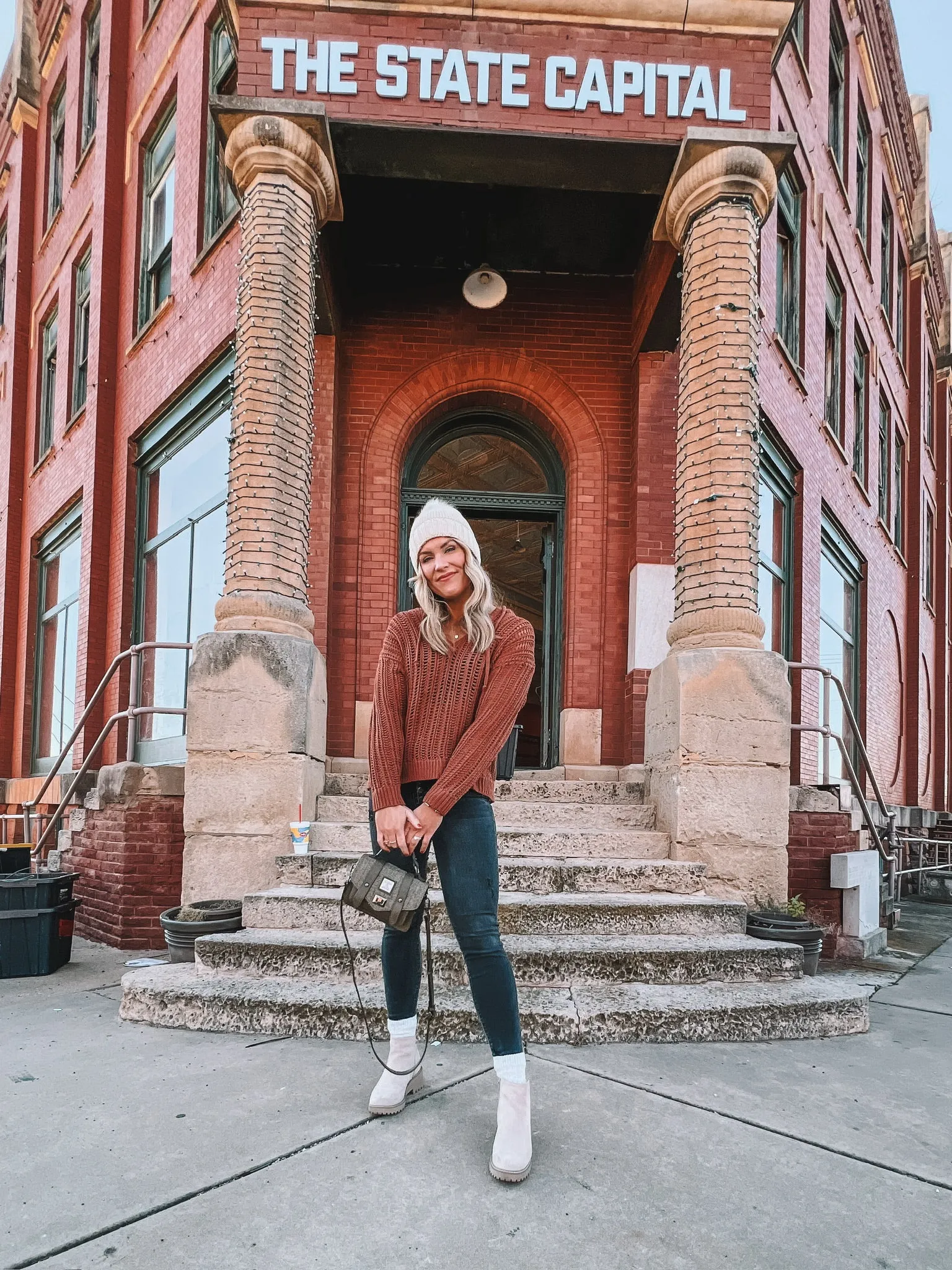 open-knit crochet hooded sweater - brick
