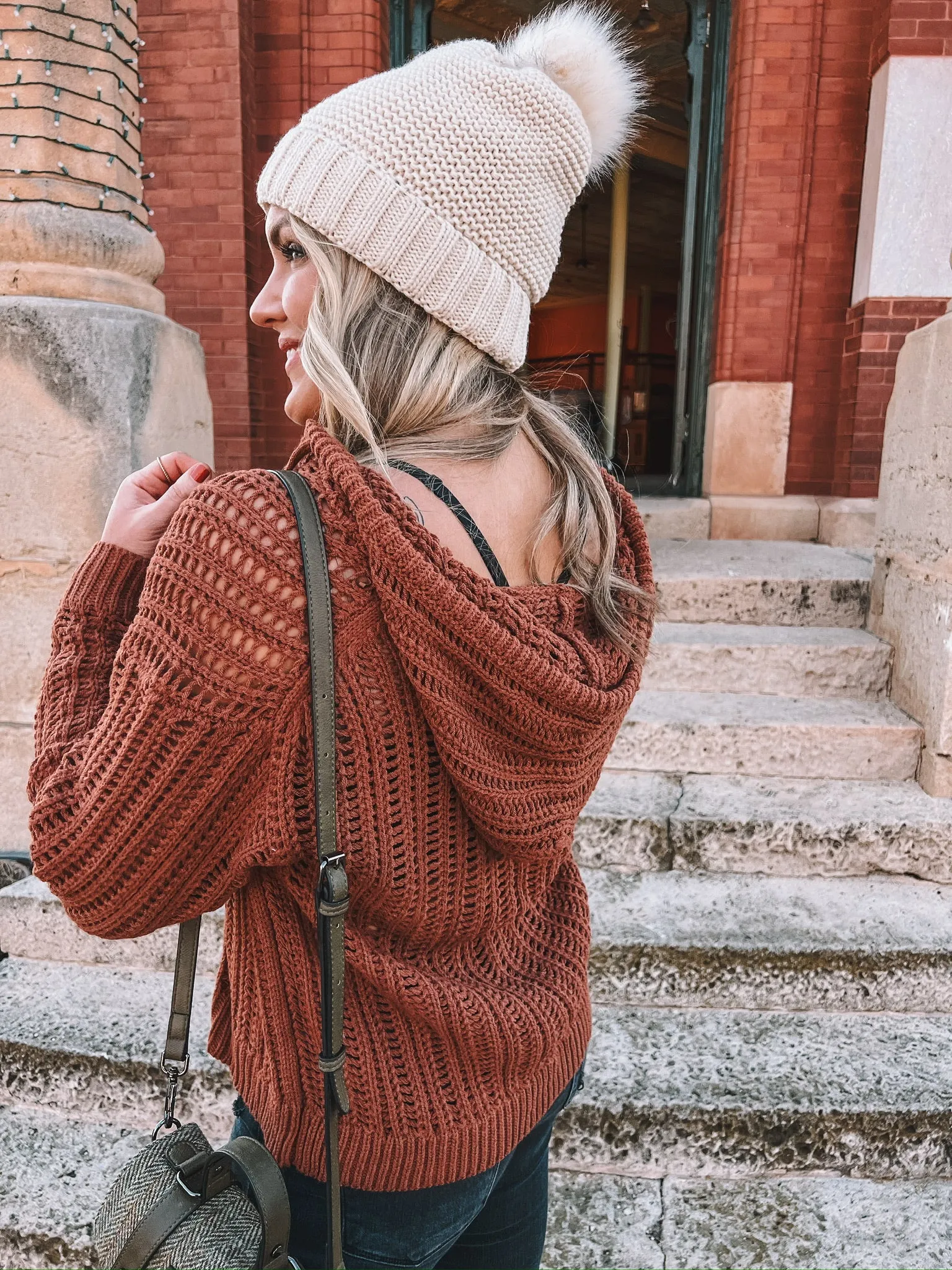 open-knit crochet hooded sweater - brick