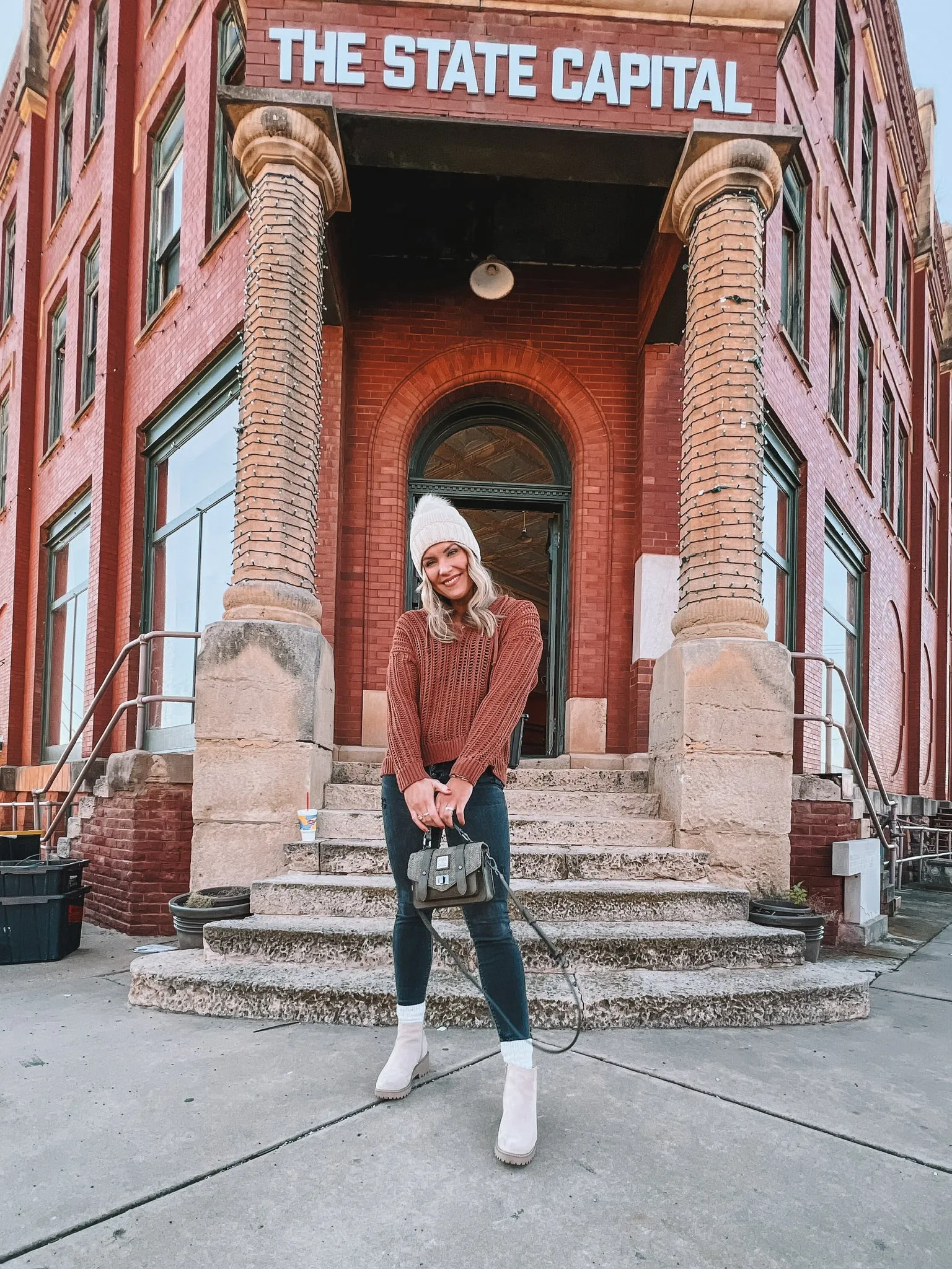 open-knit crochet hooded sweater - brick