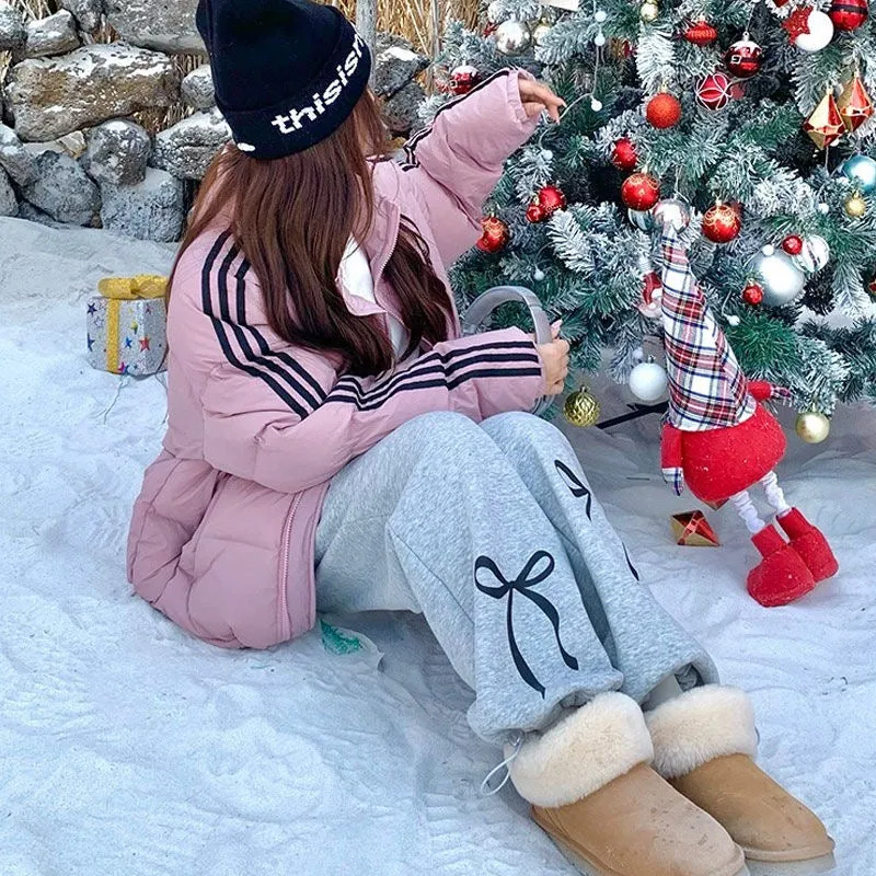 【Premium Cotton】INS Style Influencer Lazy Sweet Bowknot Print Straight-Leg Loose-Fit Fleece Sweatpants for Women