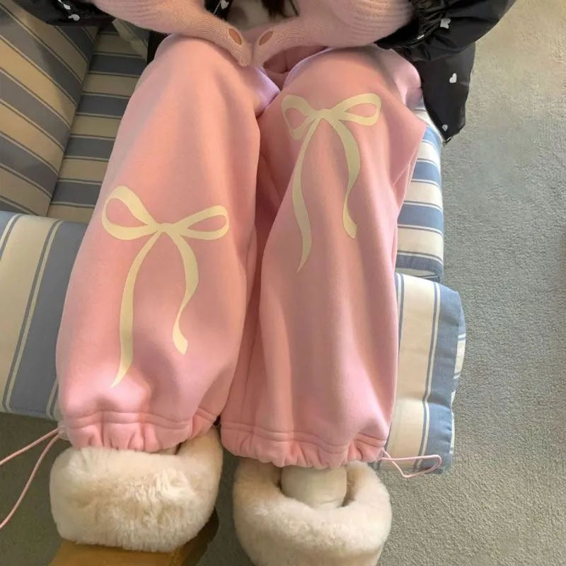 【Premium Cotton】INS Style Influencer Lazy Sweet Bowknot Print Straight-Leg Loose-Fit Fleece Sweatpants for Women