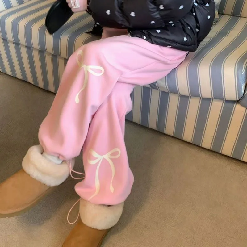 【Premium Cotton】INS Style Influencer Lazy Sweet Bowknot Print Straight-Leg Loose-Fit Fleece Sweatpants for Women