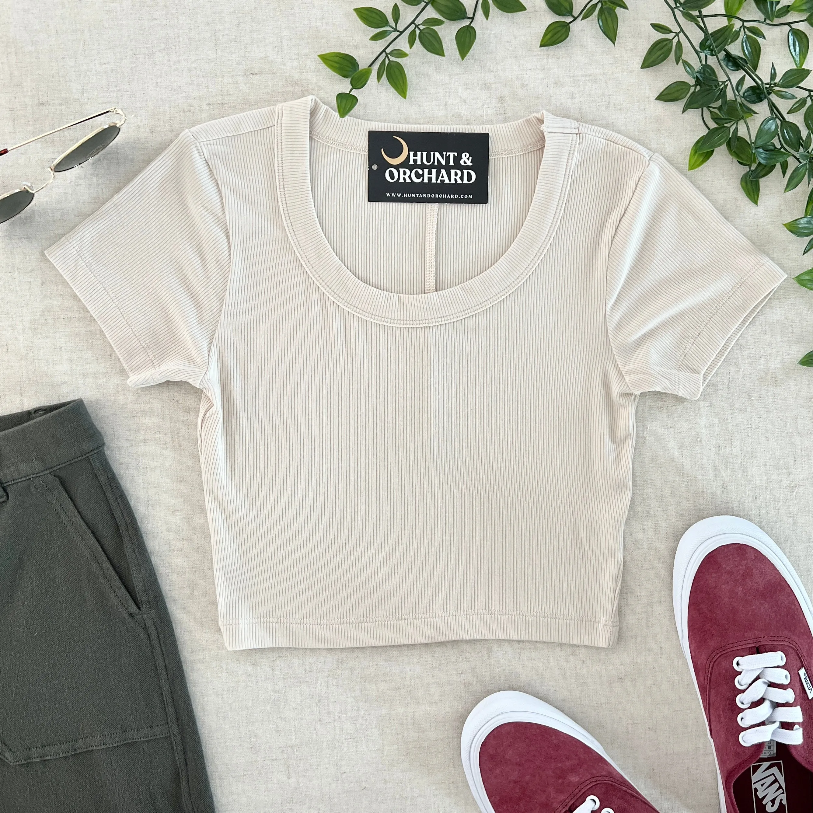Ribbed Scoop Neck Crop Tee - Ivory