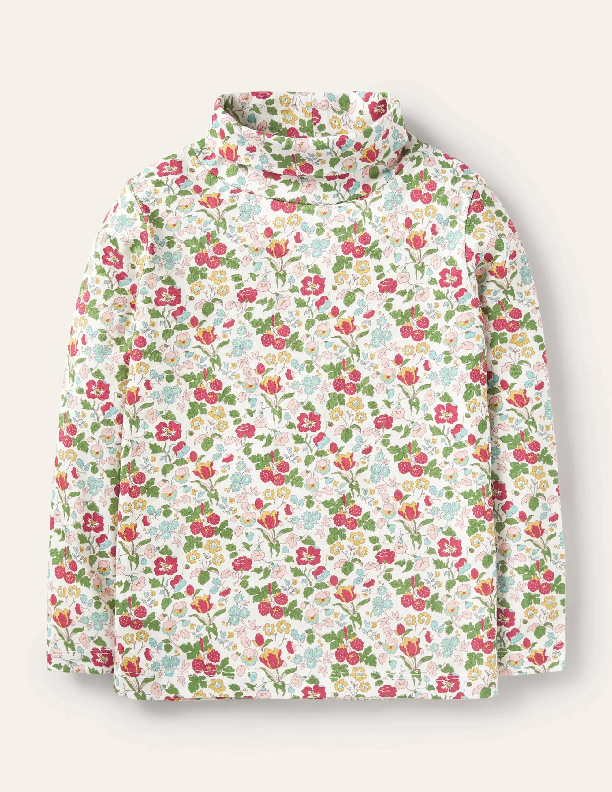 Roll Neck Supersoft T-shirt-Ivory Autumn Berry Floral