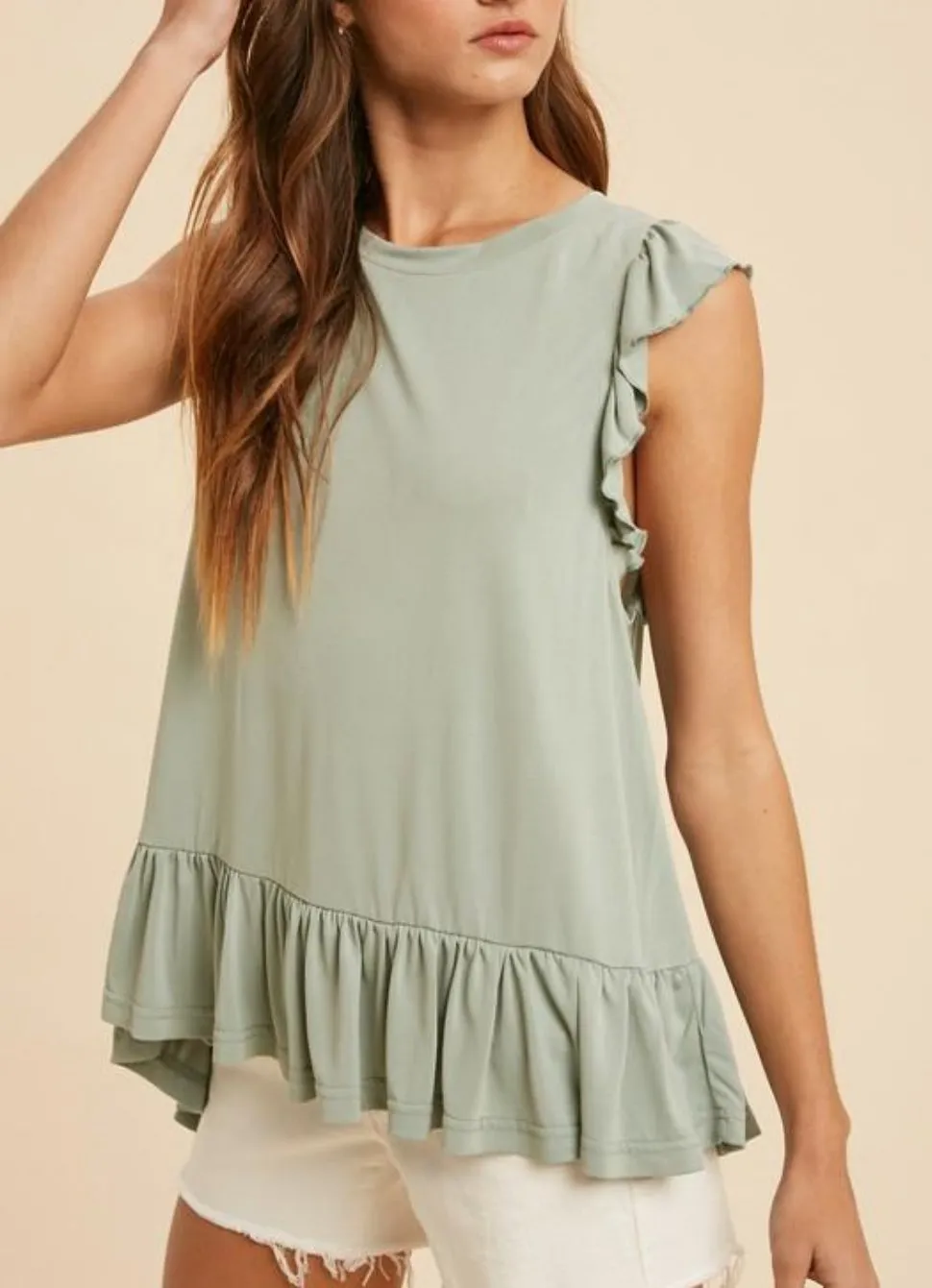 SAGE RUFFLED CUPRO SLEEVELESS BLOUSE