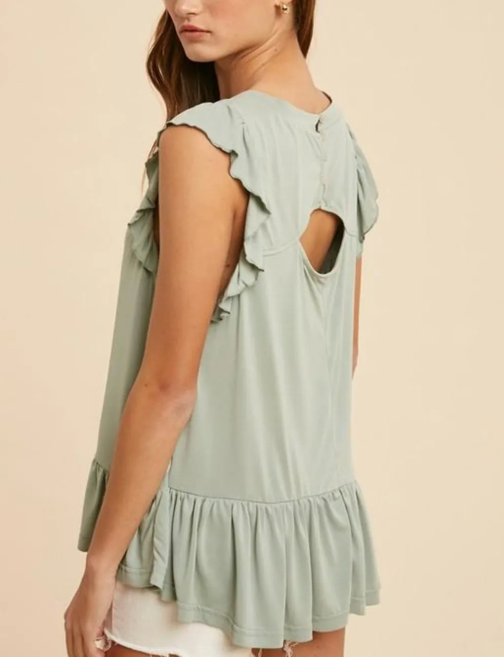 SAGE RUFFLED CUPRO SLEEVELESS BLOUSE