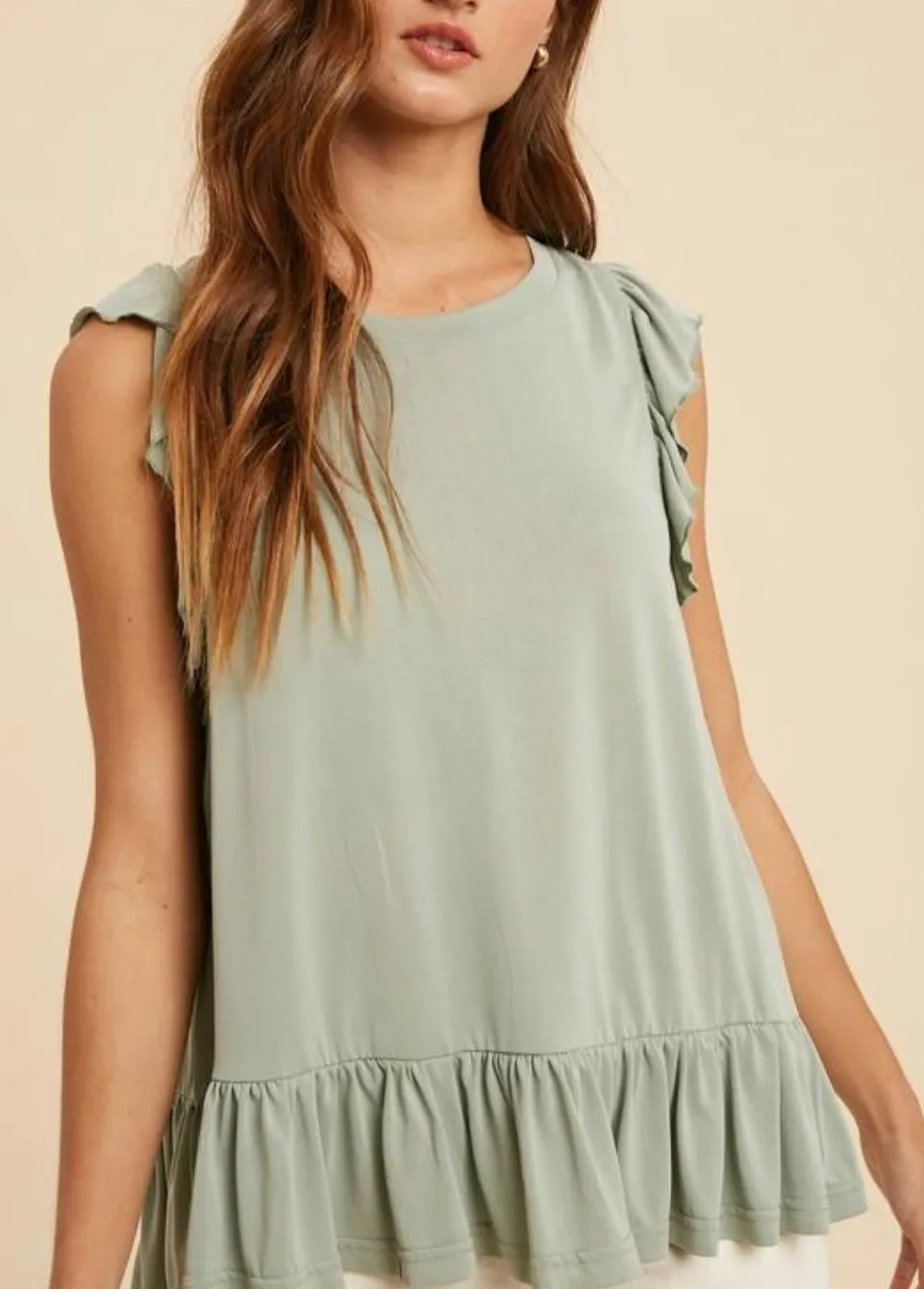 SAGE RUFFLED CUPRO SLEEVELESS BLOUSE