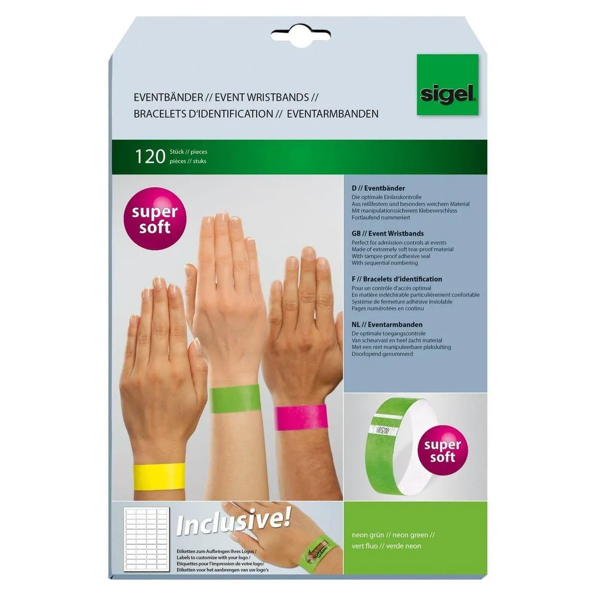 Sigel Event Wristbands Super Soft, adhesive seal, printable, 120/pack, Neon Green