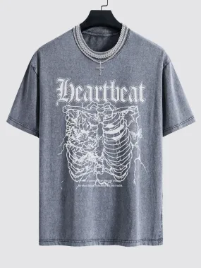 Slogan Skeleton Print Washed Drop Shoulder Oversize T-Shirt