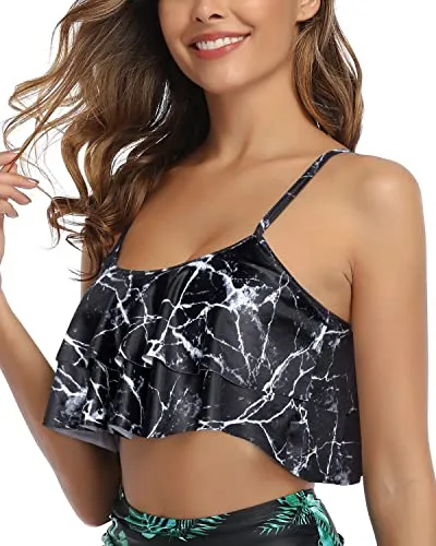 Sturdy Adjustable Bra Style Swimsuit Tank Top For Women-Black Marble