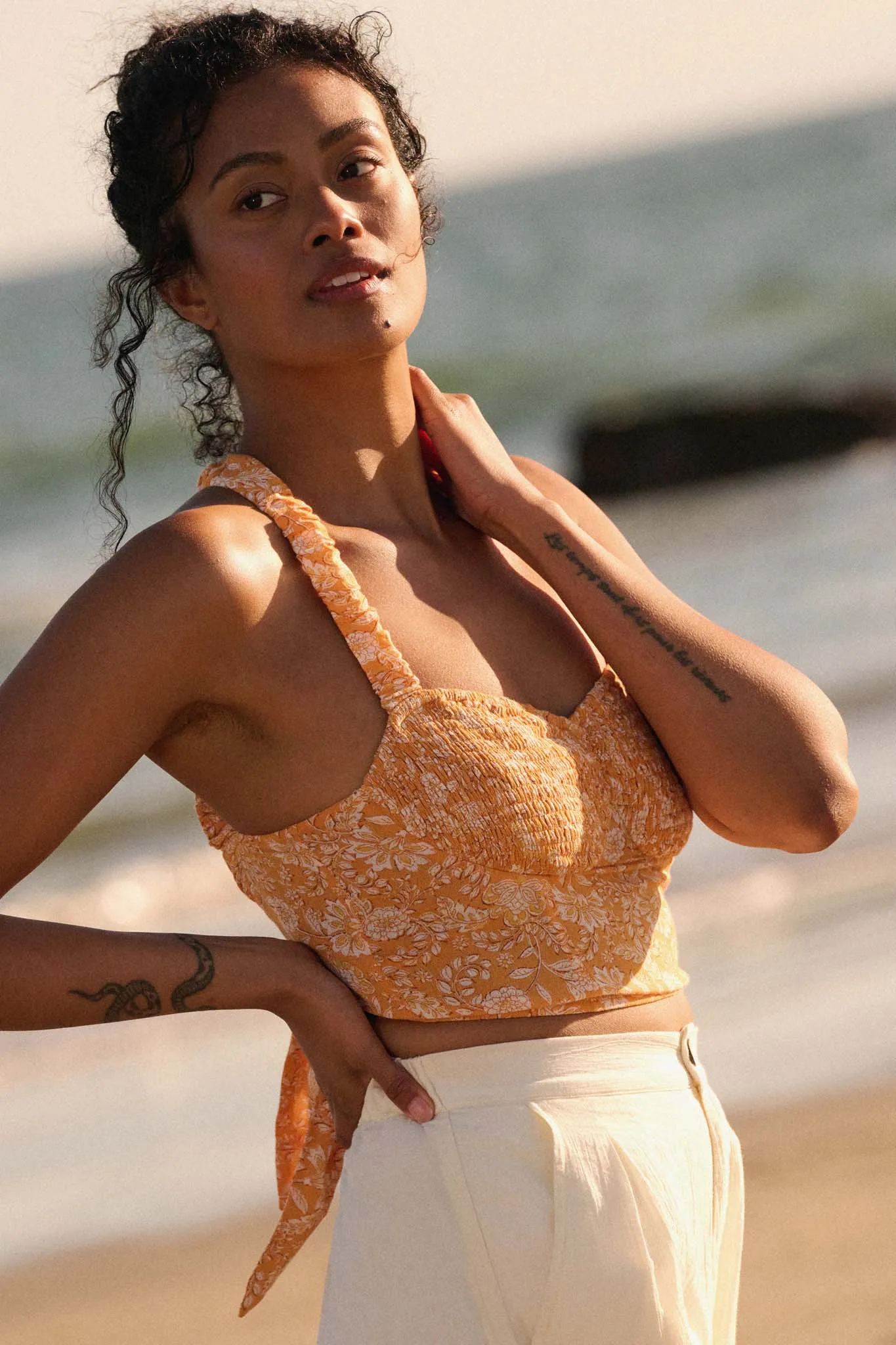 Sunset Blooms Smocked Floral Tie-Back Crop Top